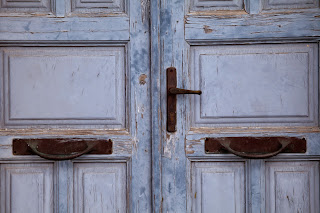 Detail of blue door in Firostefani, Santorini, Greece 