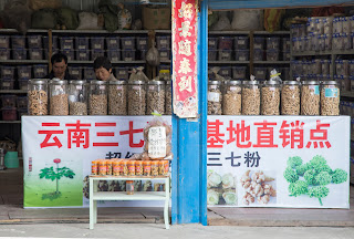 Two shoppers browse in a Chinese apothecary market inside the hidden area of Guilin, China