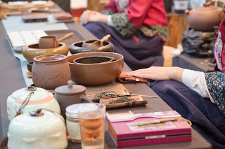 Details of a tea ceremony in Guilin China. This image shows the tea preparations.