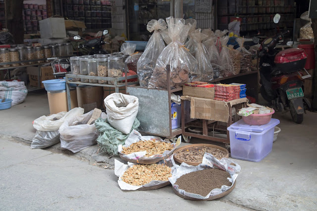 Dry goods for sale at the back entrance of a Chinese Wet Market, Guilin, China