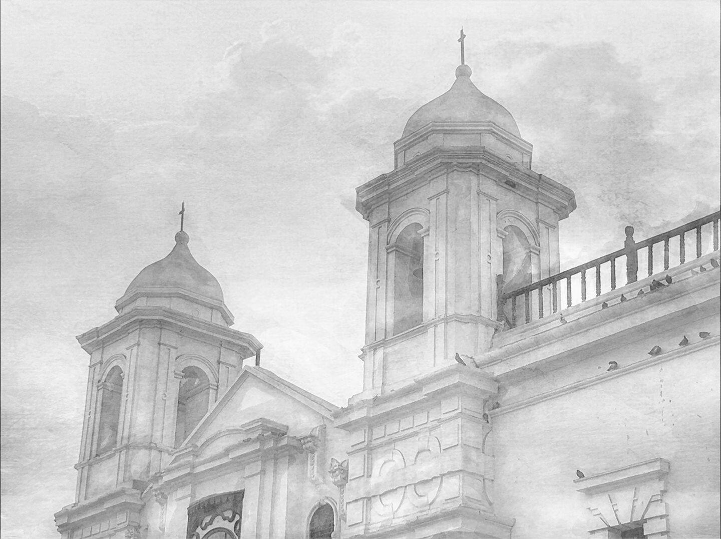 Colonial architecture of Lima, Peru, this is a church presented to resemble a charcoal drawing. 
