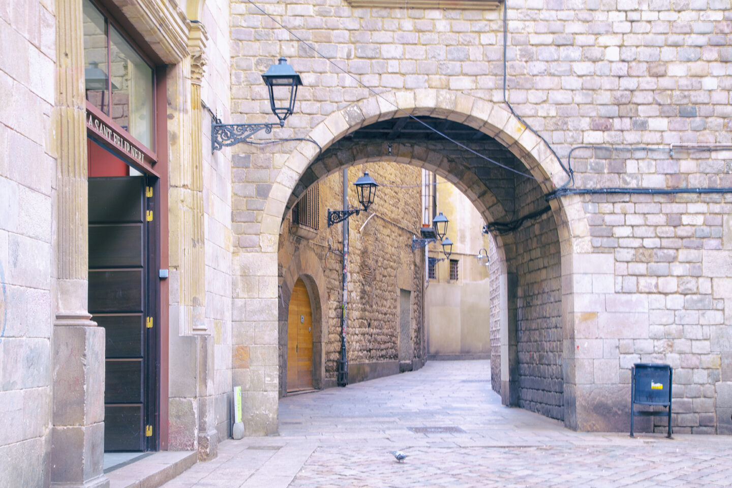 Archway and lanterns in the Gothic Quarter of beautiful Barcelona Spain