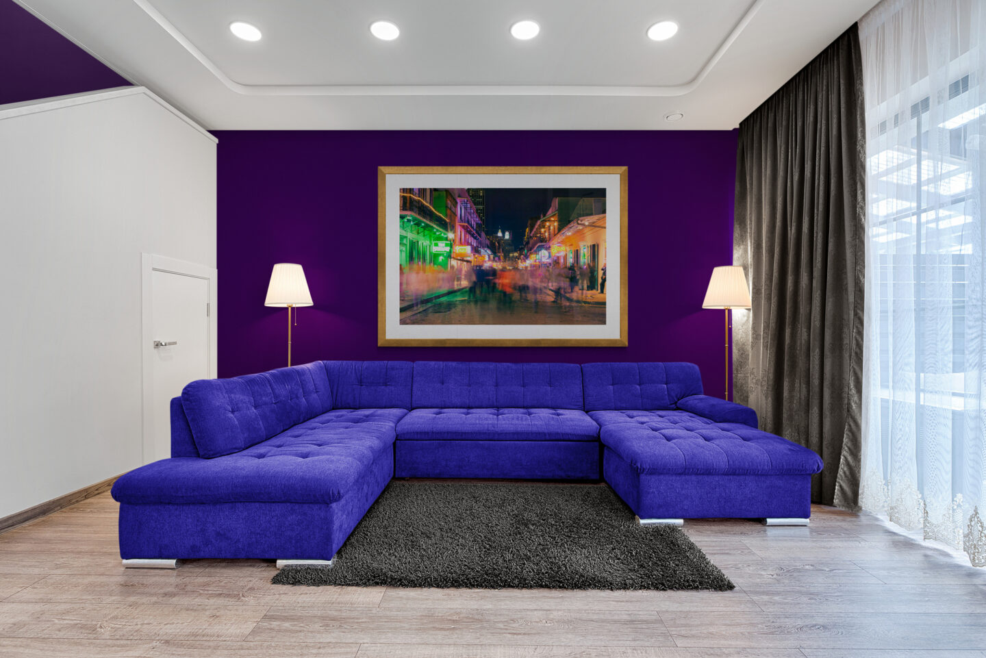 Large sectional sofa featuring fine art photographic print of New Orleans at night by Carol Schiraldi of Carol's Little World 