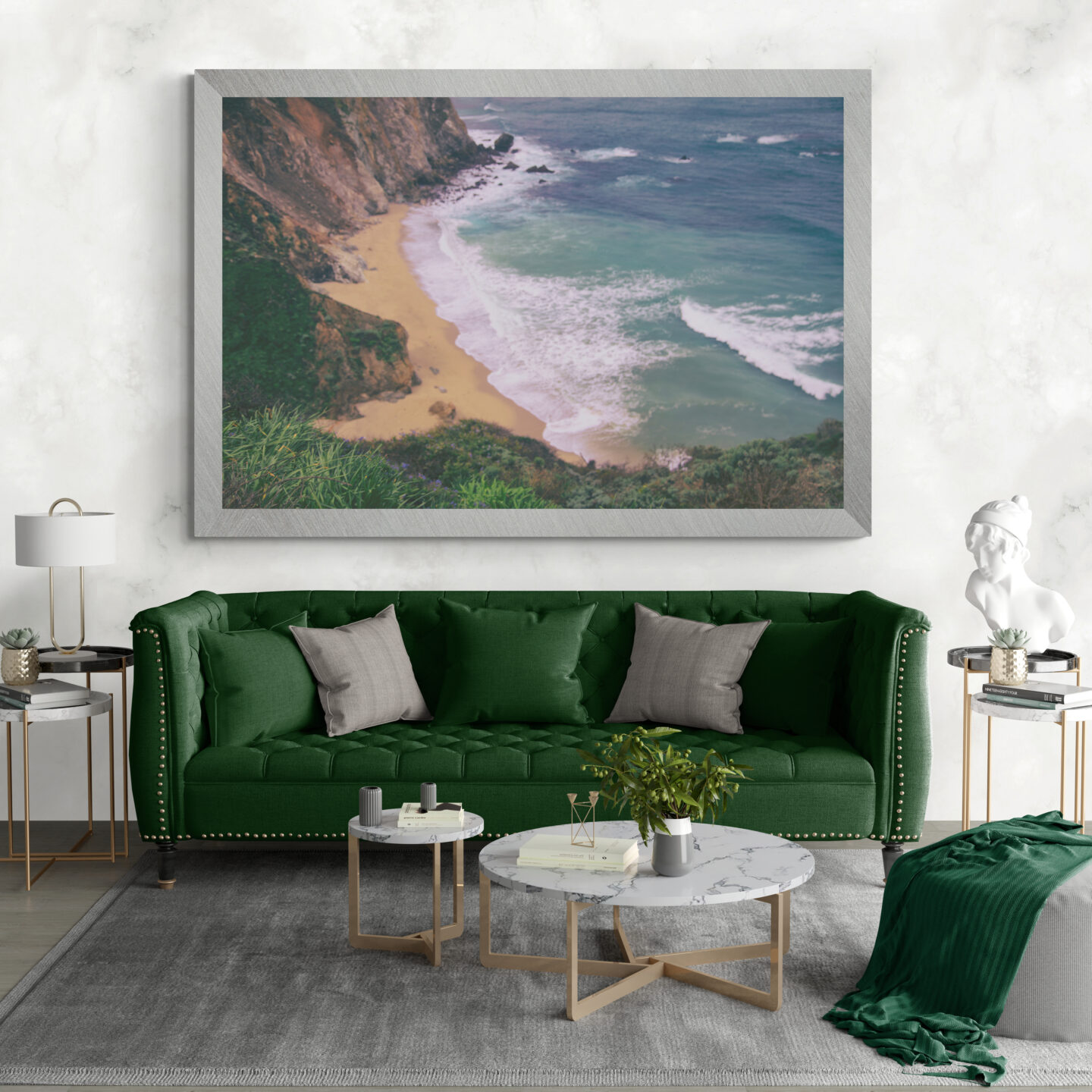 Rooms with a view, inspiring interior - a spruce green chesterfield style sofa and fine art print by Carol Schiraldi of Carol's Little World 
