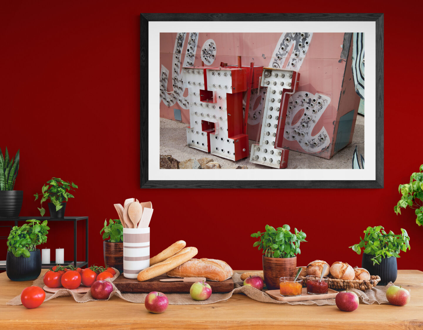 Kitchen with food, an inspiring interior showcasing a fine art print "Vegas Hello" by Carol Schiraldi of Carol's Little World 
