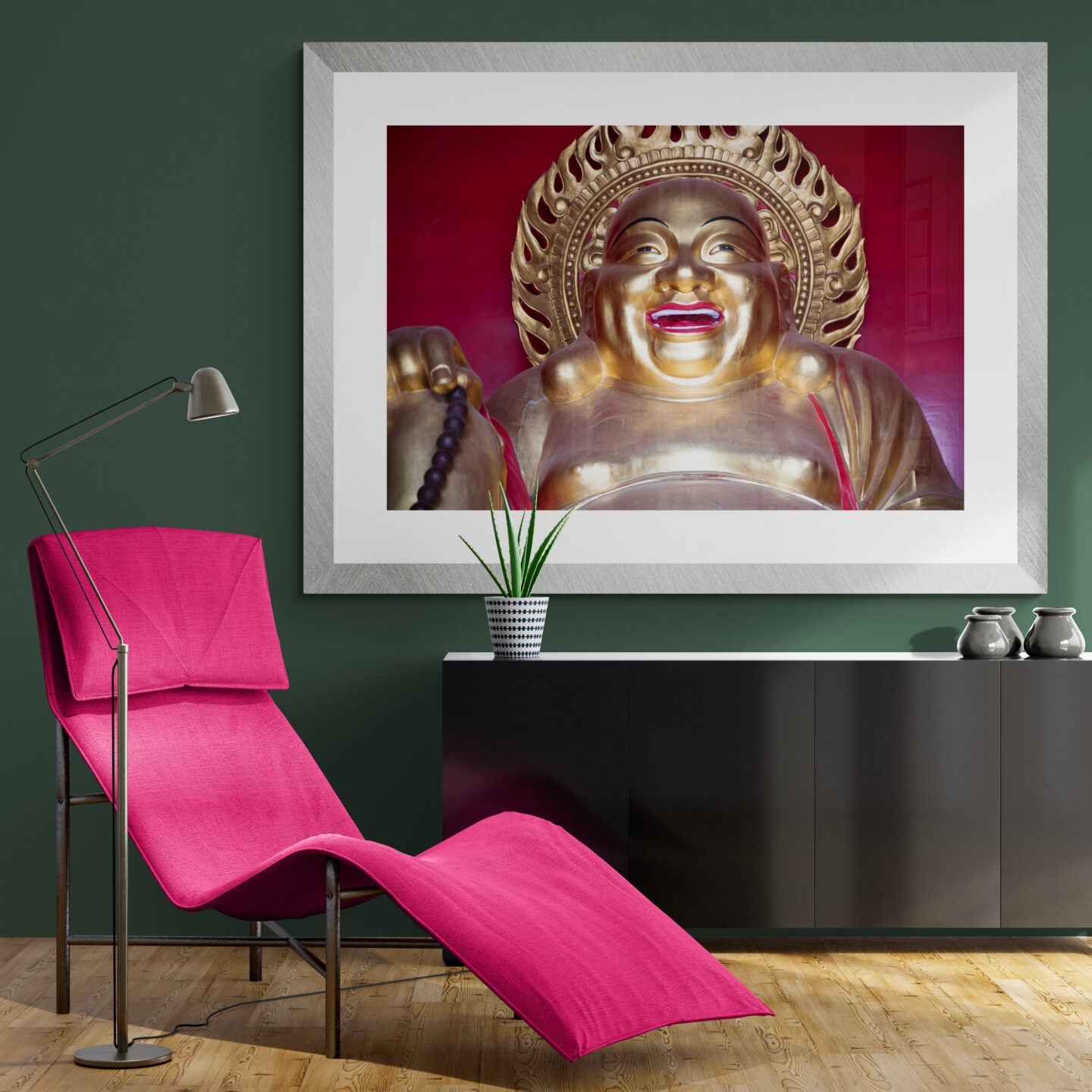 Room with a view- a bright pink chair with fine art print of "Golden Buddha" by Carol Schiraldi of Carol's Little World showcased to create an inspiring interior