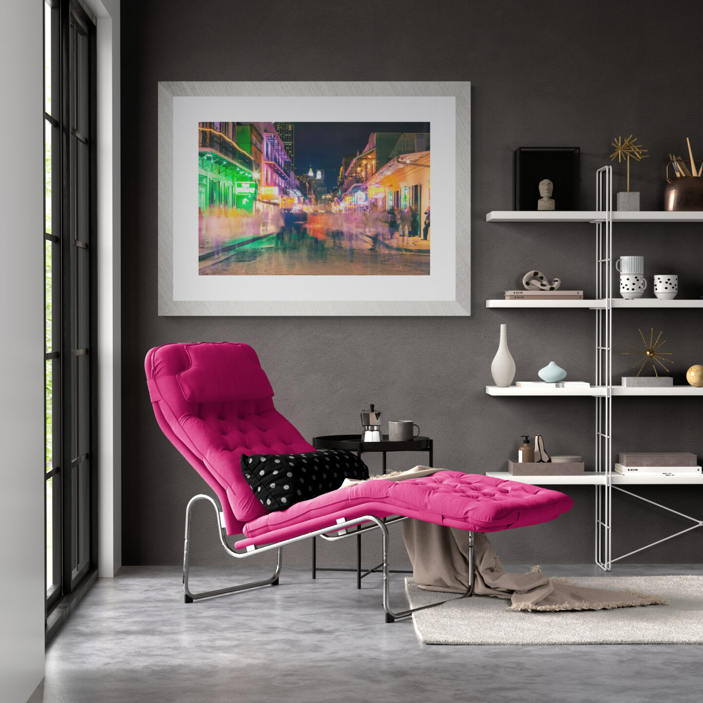 Room with a view, inspiring interior, pink chaise featuring fine art print of New Orleans at Night by Carol Schiraldi of Carol's Little World 