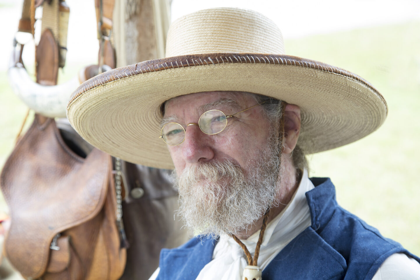 Portrait of a pioneer-volunteer at the Old Settlers Association Pioneer Day event in Round Rock, Texas.