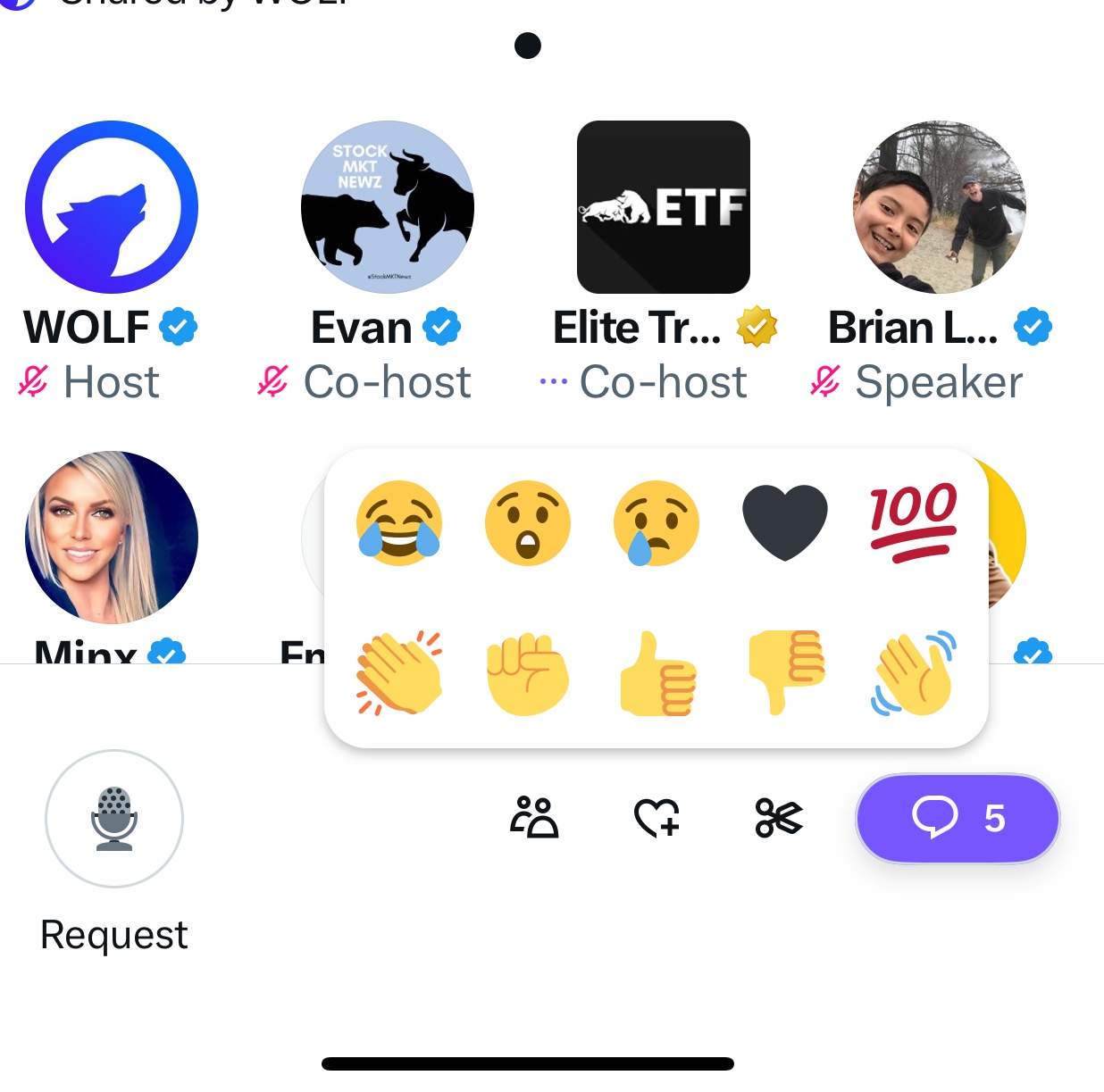 Bottom of a Twitter/X Space showing the mic Request button, emoji selection, and the purple pill button. 