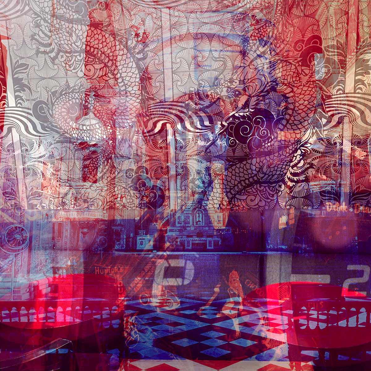 A surreal multiple exposure image showcasing the inside of a church with a car dashboard 