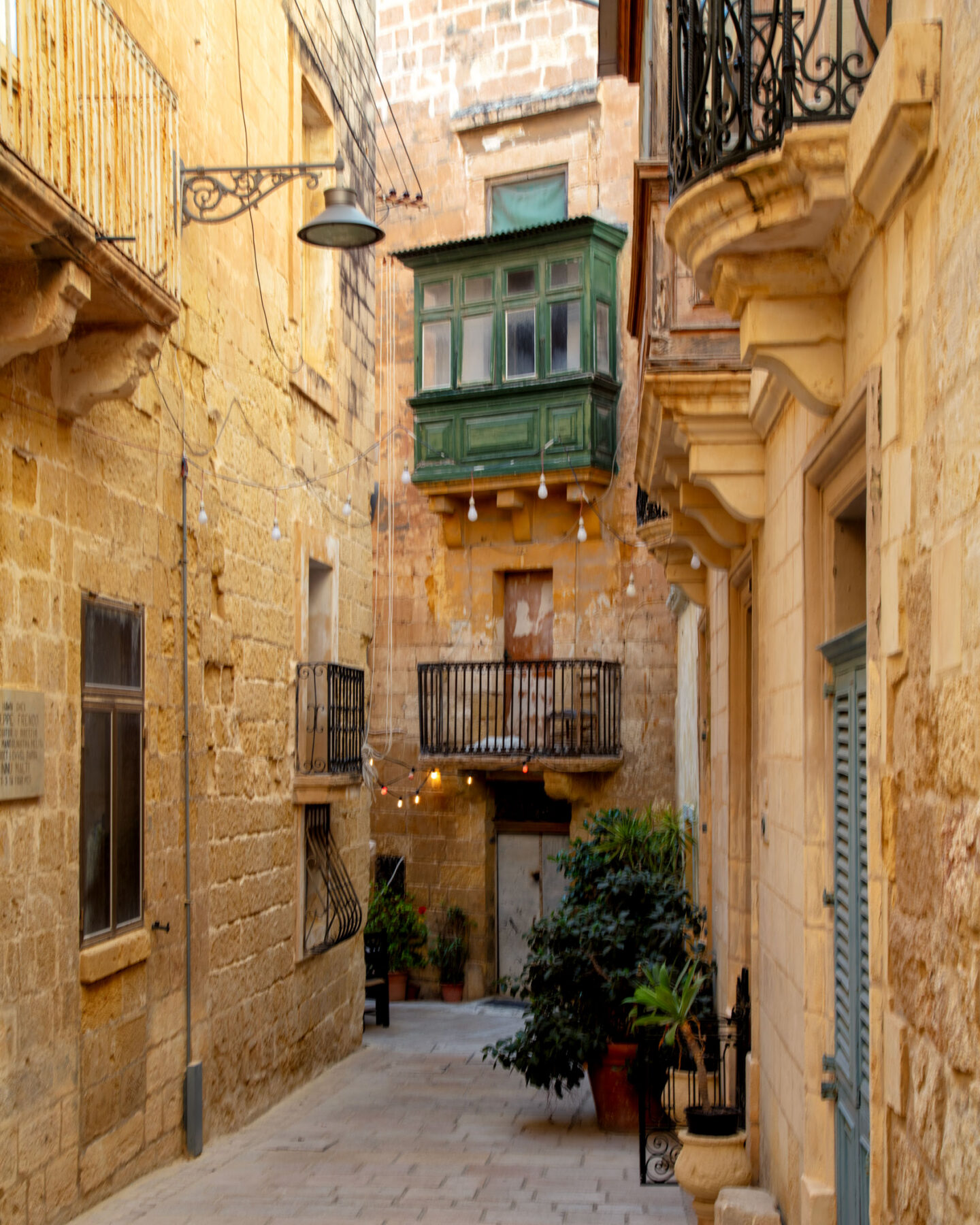 Birgu alleyway showing box balcony as found in Malta as part of my artist residency Gozo